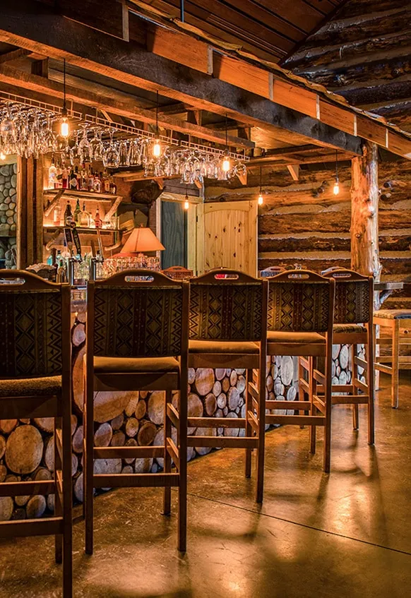 Bar with birch-log stools and hanging glassware