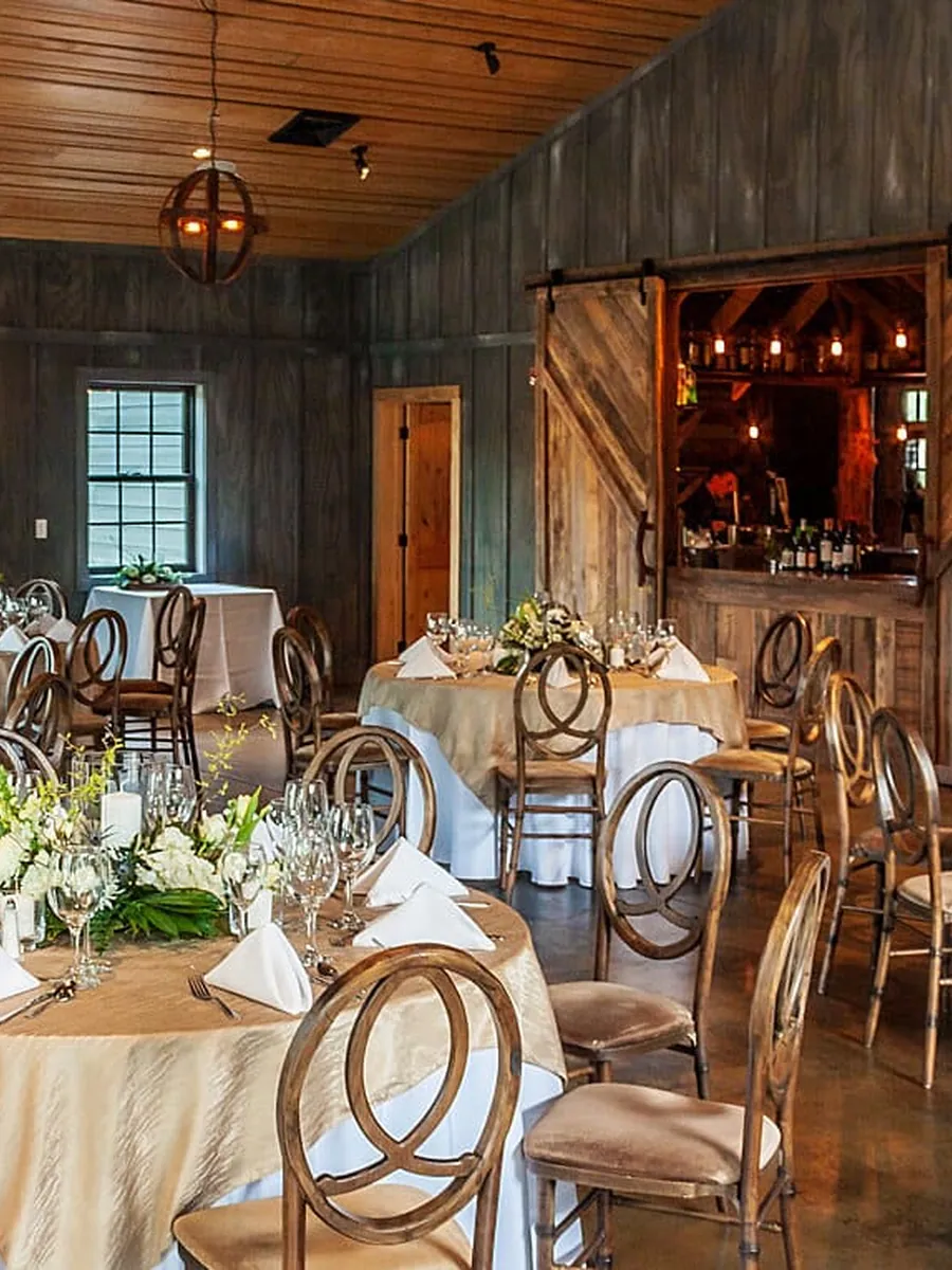 Wedding reception tables under warm lodge lighting